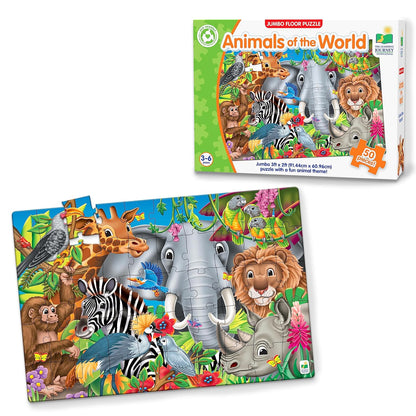Box and assembled 50-piece "Animals of the World" jumbo puzzle featuring cartoon elephant, lion, zebra, and birds