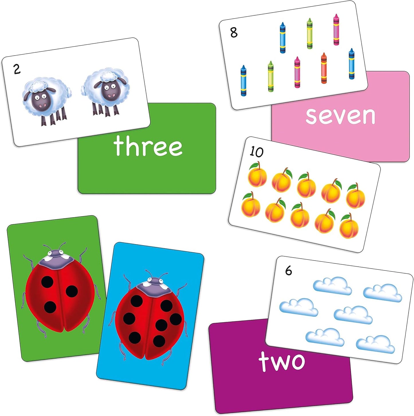 Colourful counting flashcards with numbers (2, 6, 8, 10), words (two, three, seven), and pictures of sheep, crayons, peaches, and ladybugs