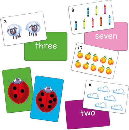 Colourful counting flashcards with numbers (2, 6, 8, 10), words (two, three, seven), and pictures of sheep, crayons, peaches, and ladybugs