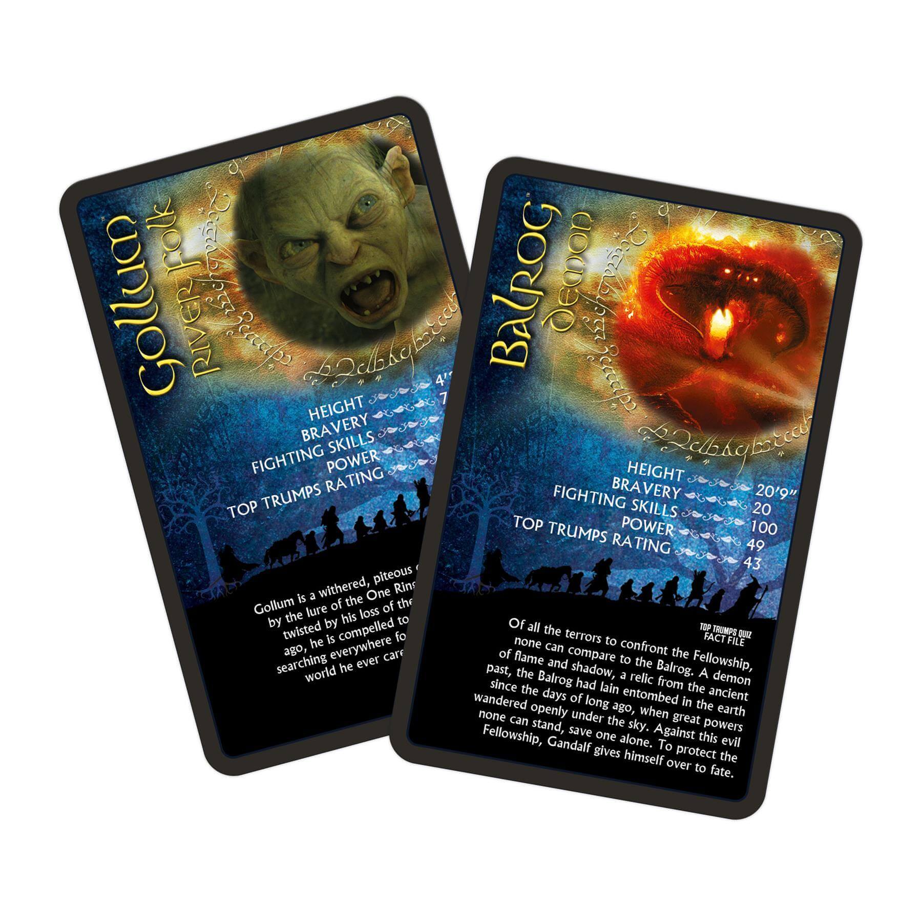 Spread of collectible game cards with detailed illustrations and icons on a dark surface