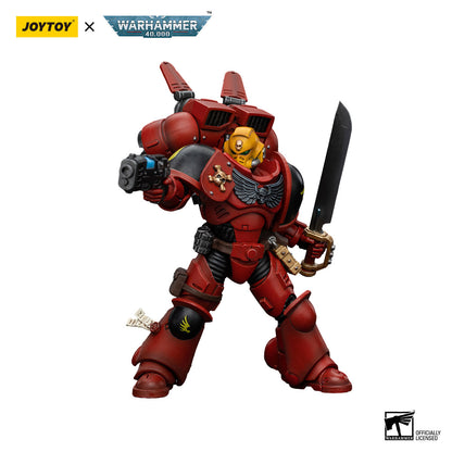 A red armored Blood Angels Jump Pack Intercessors Sergeant figure with a yellow helmet, holding a plasma pistol and a sword, standing on a white background