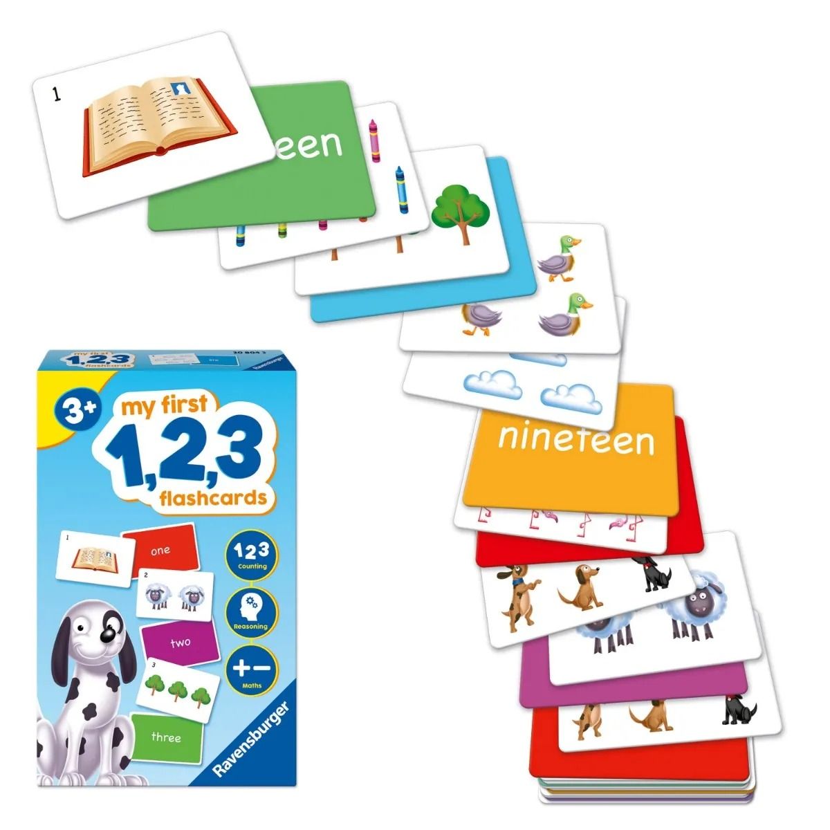 Ravensburger My First 1,2,3 flashcards, including the blue box, displayed fanned out with images of books, ducks, numbers, and animals