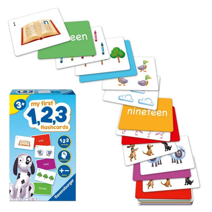 Ravensburger My First 1,2,3 flashcards, including the blue box, displayed fanned out with images of books, ducks, numbers, and animals