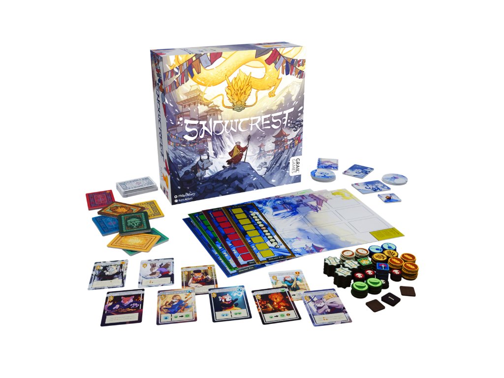 Snowcrest board game set with box cards tokens game board and various game pieces arranged for display