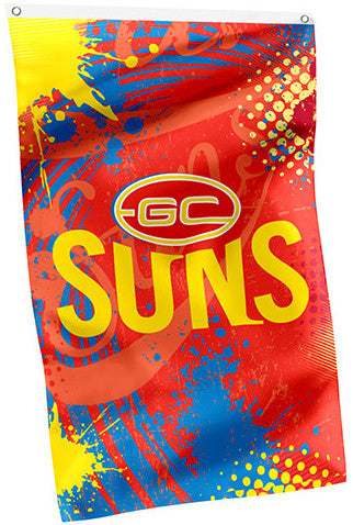 AFL Gold Coast Suns cape flag featuring the official team logo and colors, displayed fully unfurled