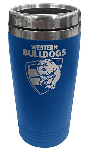 Stainless steel Western Bulldogs AFL travel coffee mug with team logo, by Licensing Essentials