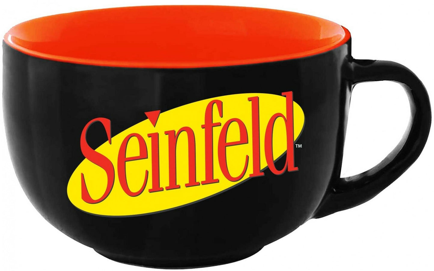 Licensing Essentials Seinfeld Logo Soup Mug featuring the iconic Seinfeld logo on a white ceramic mug with red interior