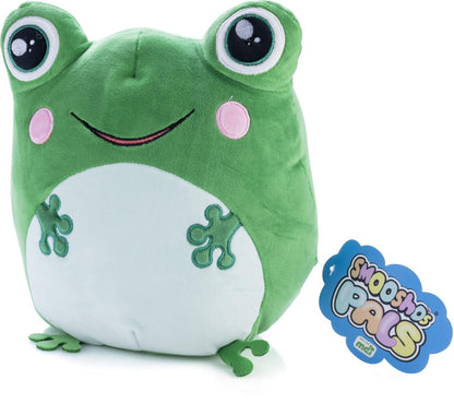 A soft green Smooshos Pal Frog plush toy featuring large plastic eyes, a light green belly, pink cheek circles, and an attached blue Smooshos Pals hang tag