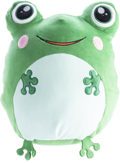This product image features a happy, rounded green Smooshos Pal Frog plush toy with large white-rimmed eyes, pink cheek details, and a wide embroidered smile