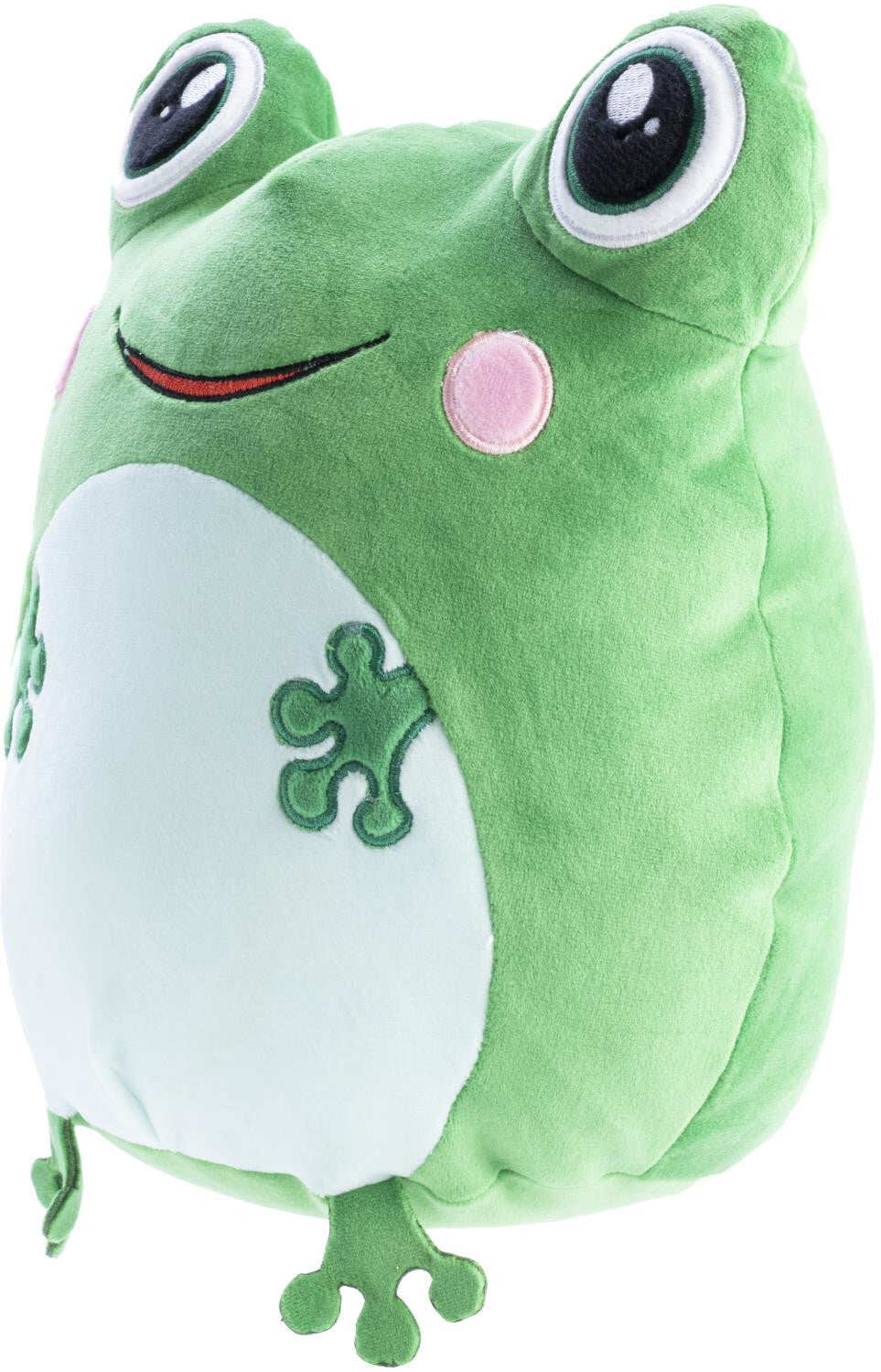 A cuddly, rotund green Smooshos Pal Frog plush toy with oversized black eyes, pink cheek blushes, and an embroidered smile
