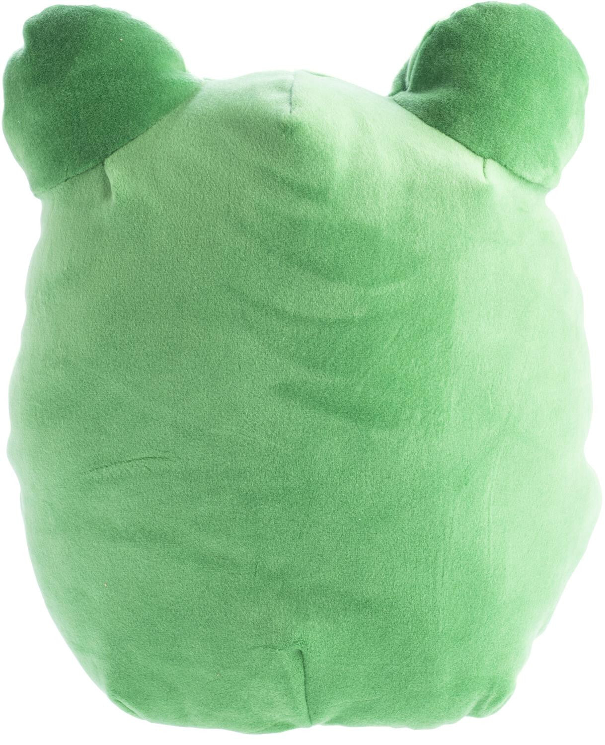 The rear view of the Smooshos Pal Frog plush features soft bright green velvet fabric with two distinct rounded bumps on the top