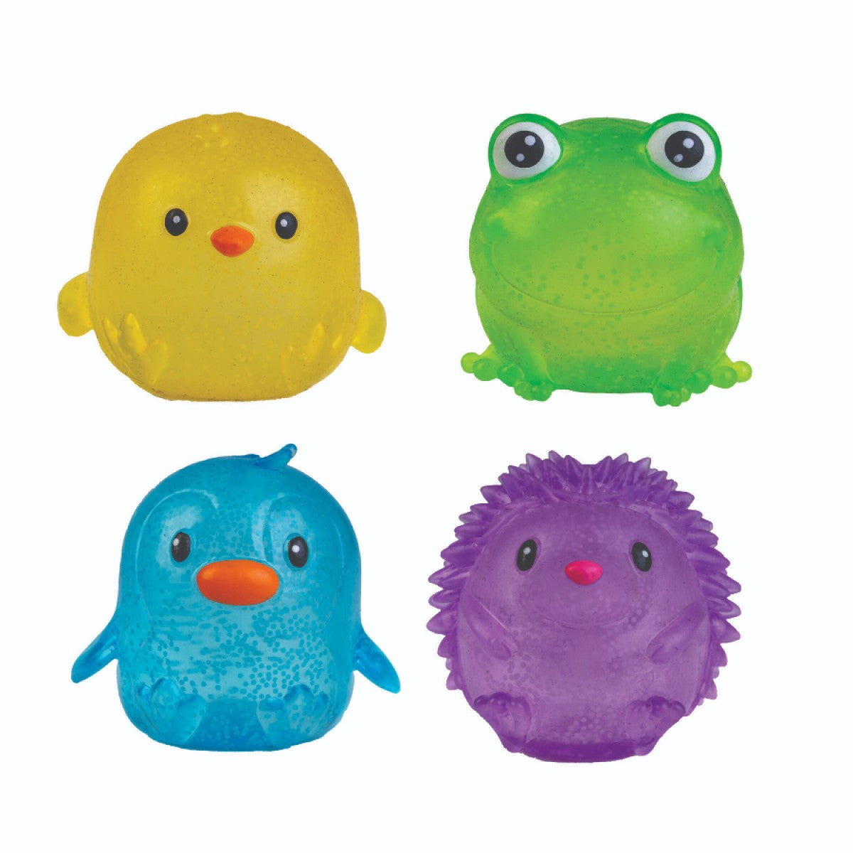 Four colorful Smooshos Super Squeeze Glitter Mini Animals including a yellow chick, a green frog, a blue penguin, and a purple hedgehog on a white background
