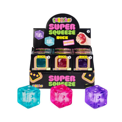 The Smooshos Super Squeeze Dice counter display shows packaged toys and three translucent, brightly colored dice cubes loose on the white foreground