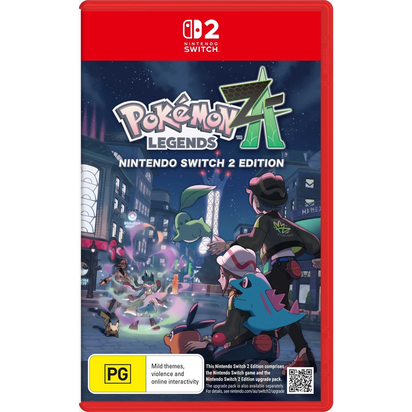 Front cover of the red Nintendo Switch game case for Pokémon Legends Z-A featuring trainers and various Pokémon in a dark urban environment
