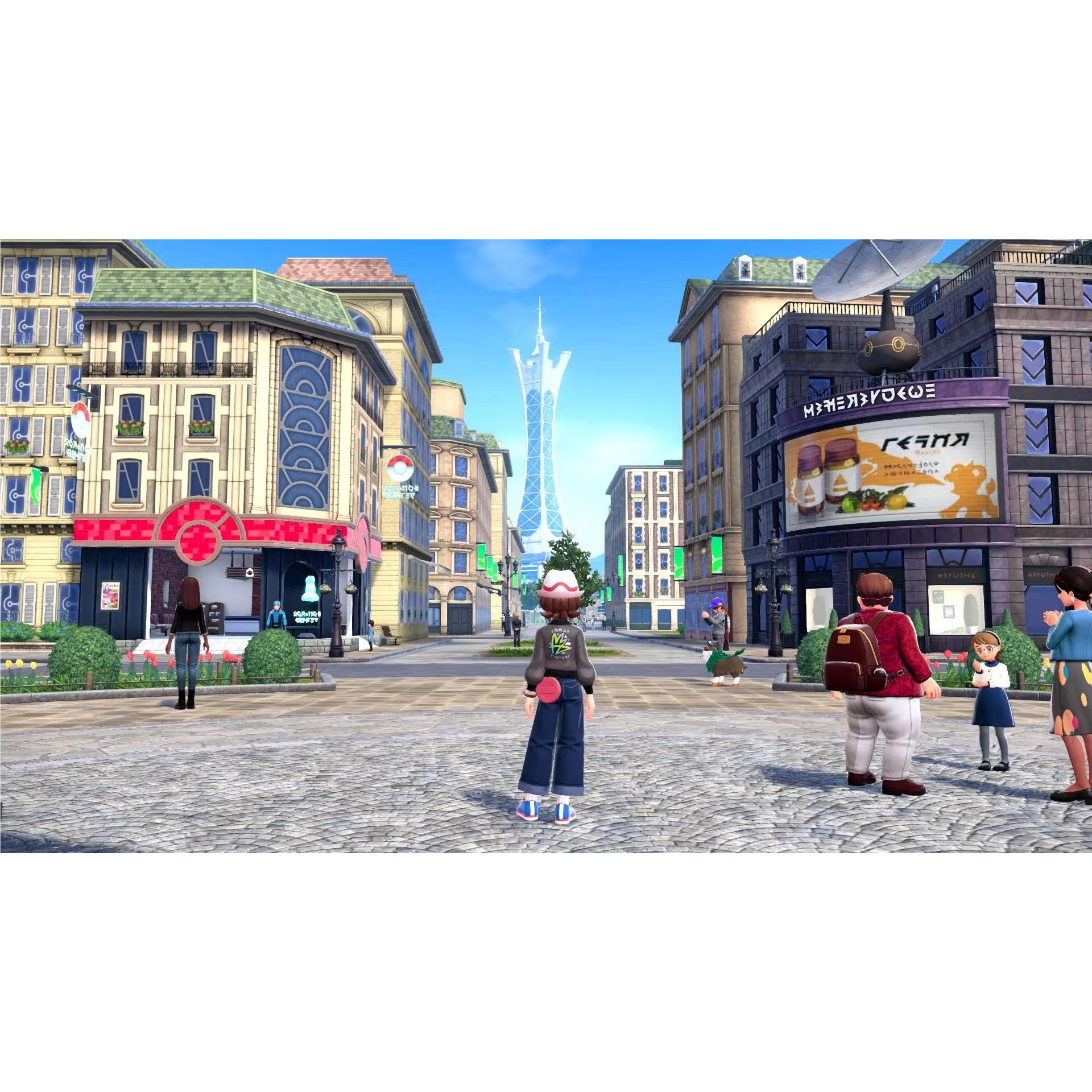 In-game screenshot of Pokémon Legends Z-A showing the protagonist and other citizens on a city street leading toward a massive, futuristic central tower