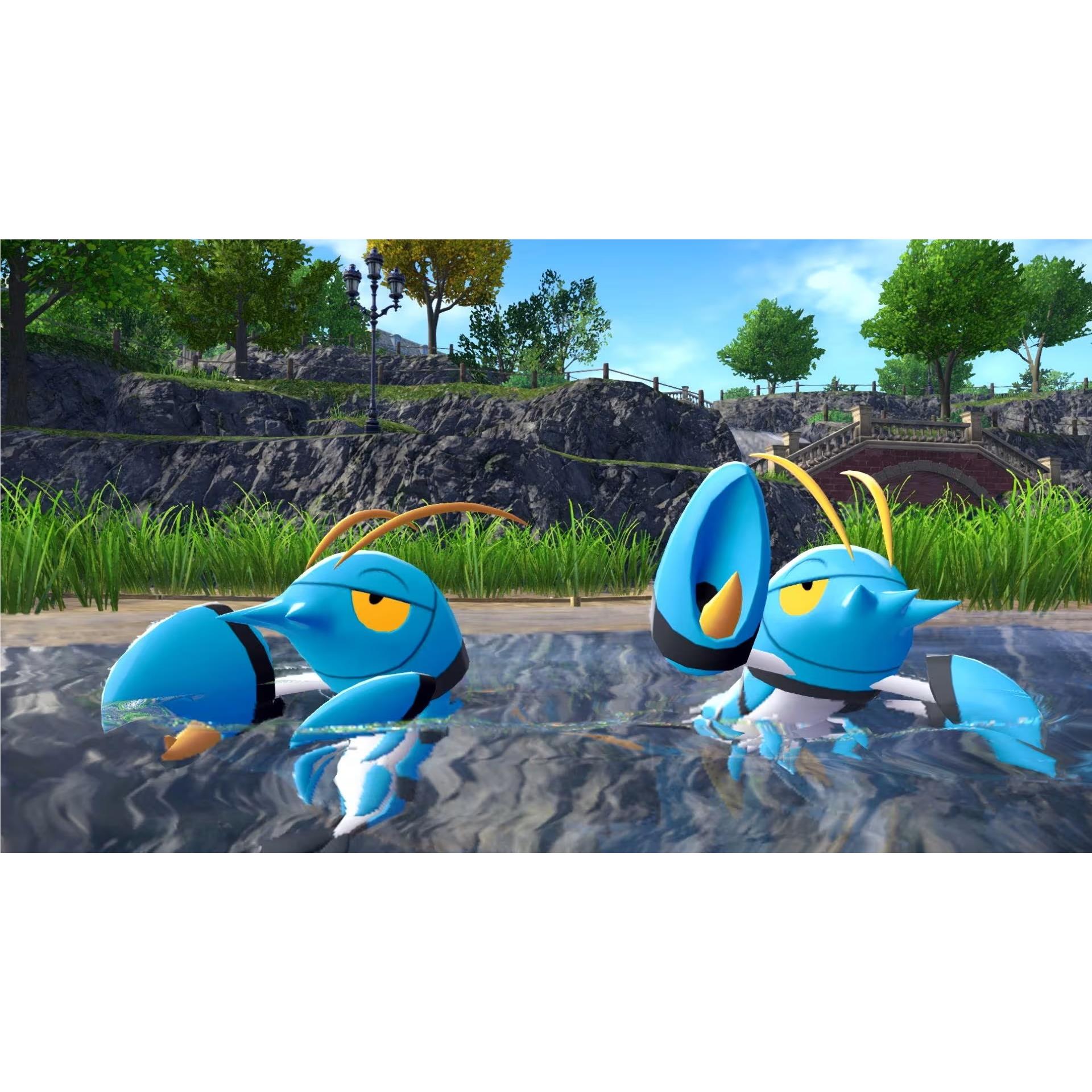 Two blue, crustacean Pokémon with yellow eyes and antennae wade in rippling water before a rocky park hillside and distant bridge