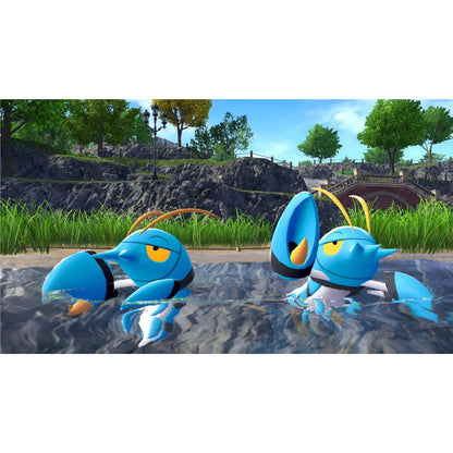 Two blue, crustacean Pokémon with yellow eyes and antennae wade in rippling water before a rocky park hillside and distant bridge