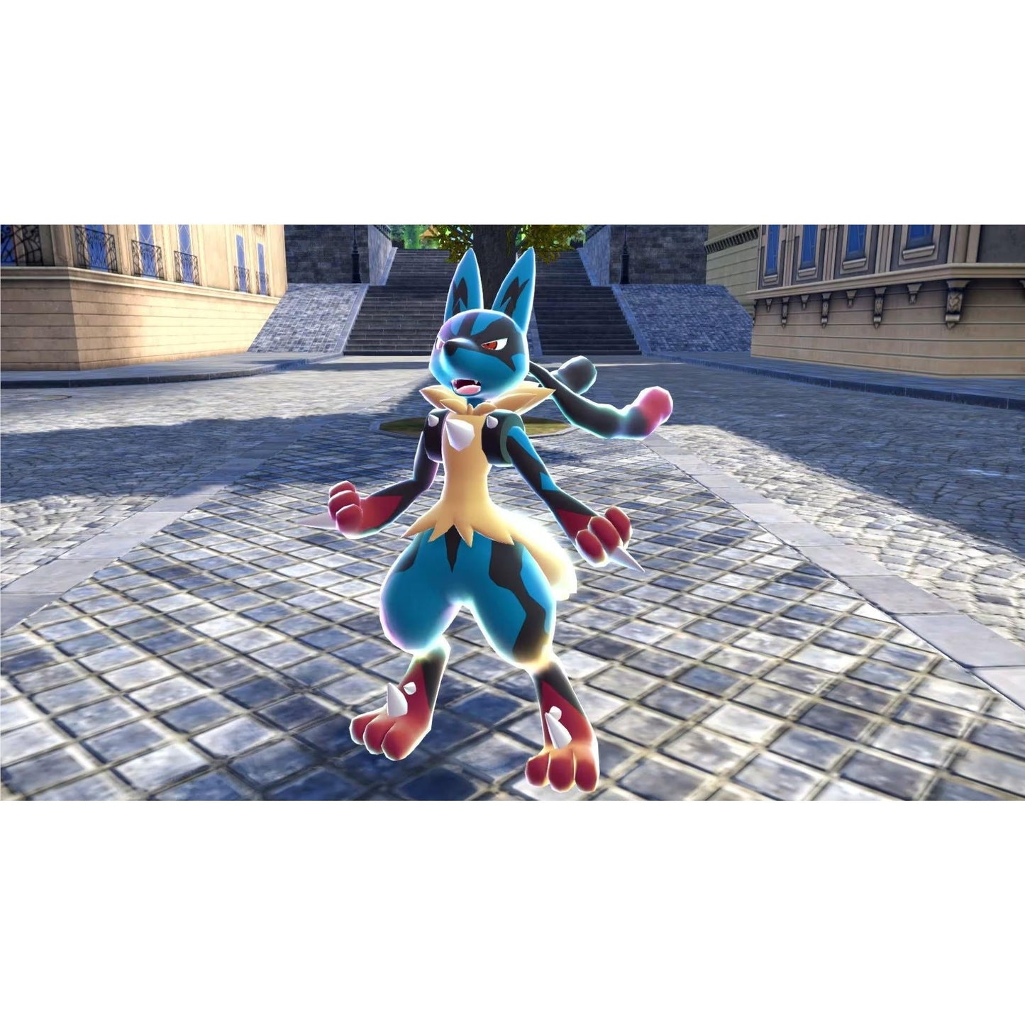 A full-body render of the Pokémon Lucario standing aggressively on a cobblestone street in a detailed, Parisian-style city environment, promoting the SWI Pokémon Legends Z-A game