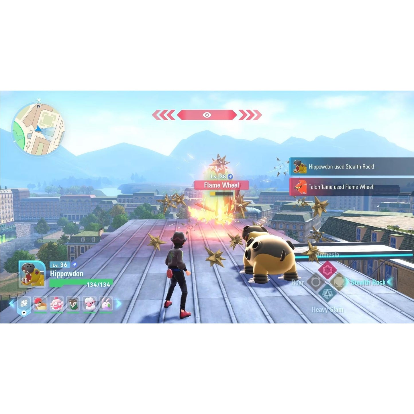 The Pokémon Legends Z-A gameplay screen displays a player and their Level 36 Hippowdon on a cityscape rooftop reacting to a fiery Talonflame attack labeled Flame Wheel