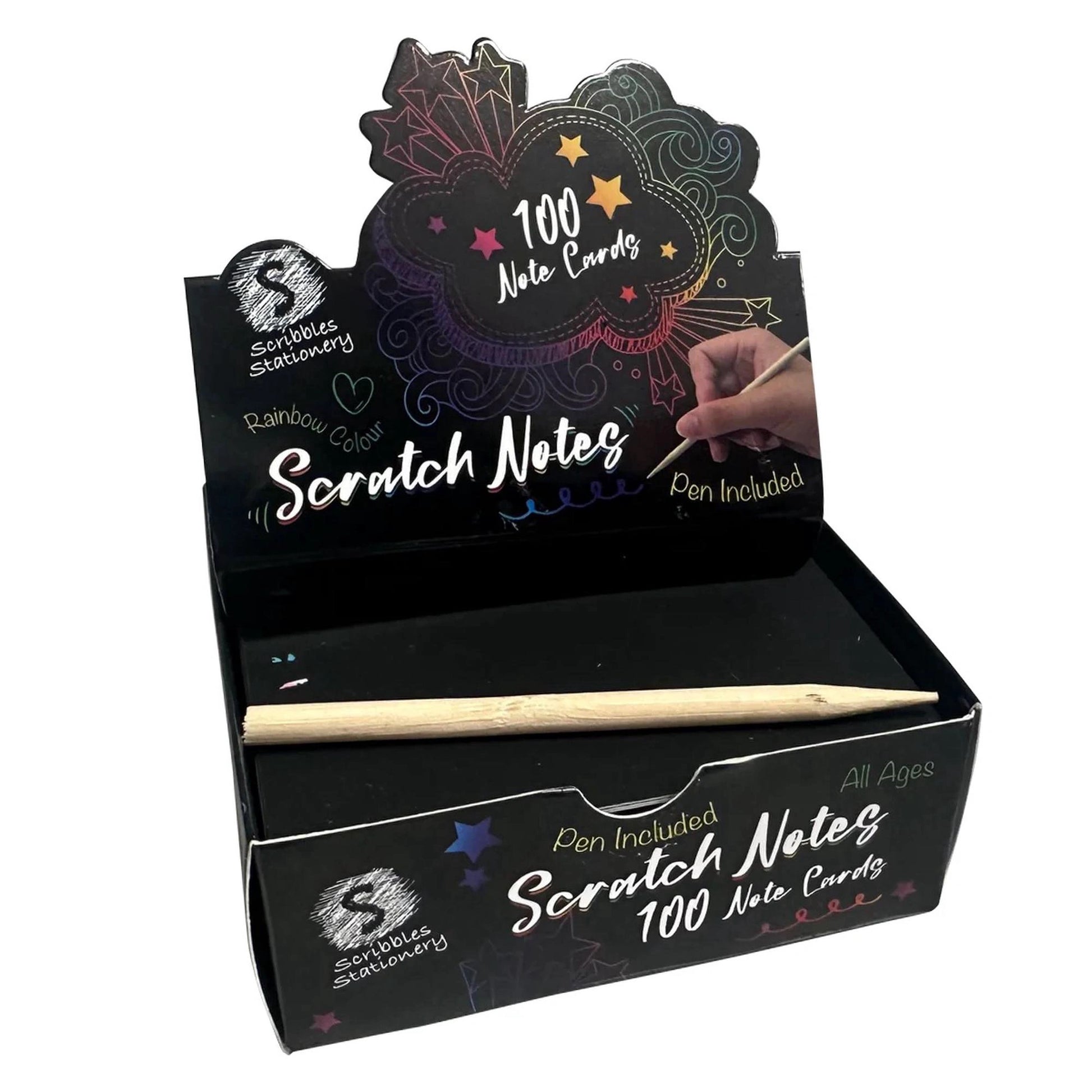 Black retail box display for 100 Rainbow Scratch Notes, including a wooden scratching stylus