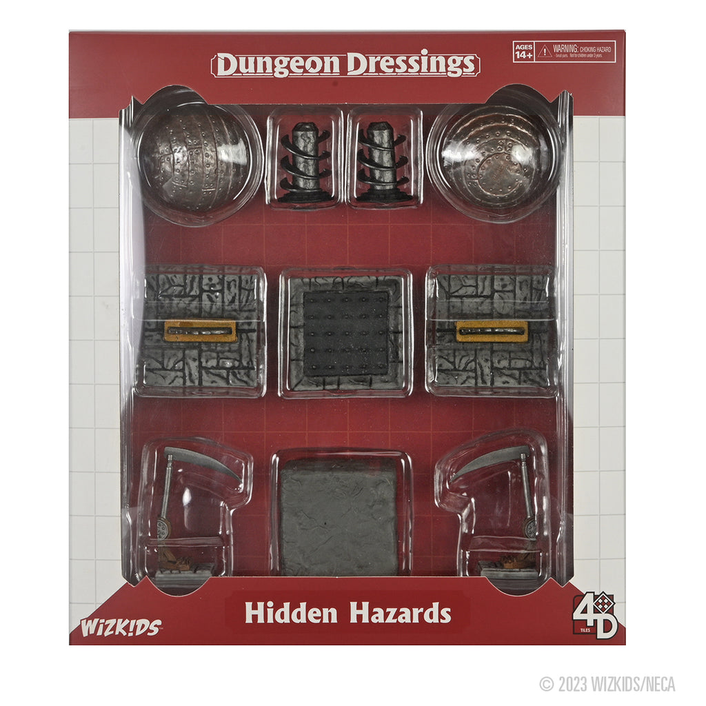 WizKids Dungeon Dressings: Hidden Hazards set, showing miniature traps: scythes, spike pit, floor plates, and spiked orbs