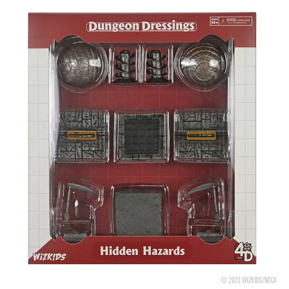 WizKids Dungeon Dressings: Hidden Hazards set, showing miniature traps: scythes, spike pit, floor plates, and spiked orbs