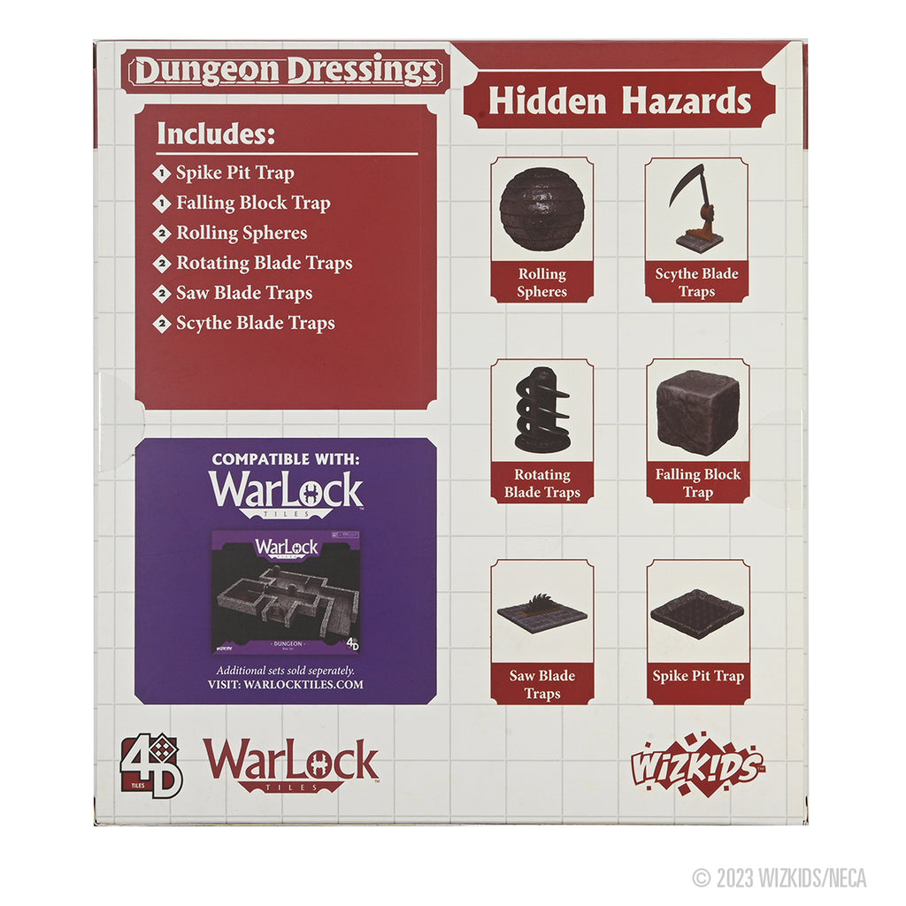 Product box for WizKids Dungeon Dressings: Hidden Hazards showing six types of miniature dungeon traps