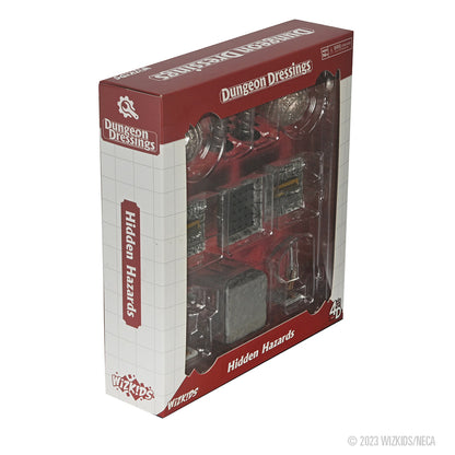 Red and white WizKids "Dungeon Dressings: Hidden Hazards" box, clear window reveals miniature dungeon traps