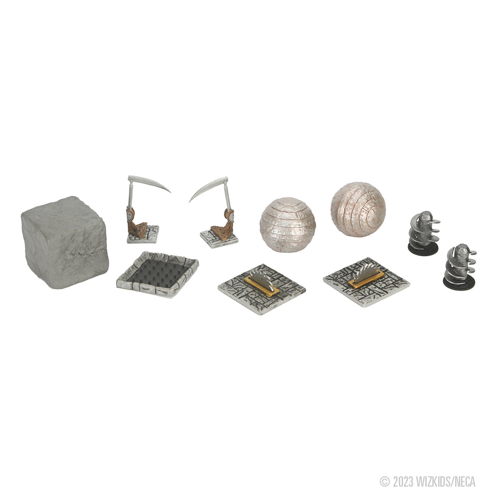 Collection of dungeon miniatures: stone block, 2 scythes, spiked pit, 2 spheres, 2 blade traps, 2 spiral posts