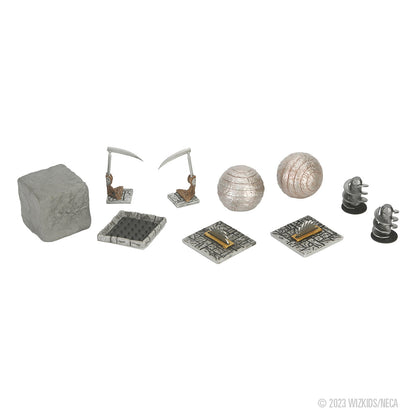 Collection of dungeon miniatures: stone block, 2 scythes, spiked pit, 2 spheres, 2 blade traps, 2 spiral posts