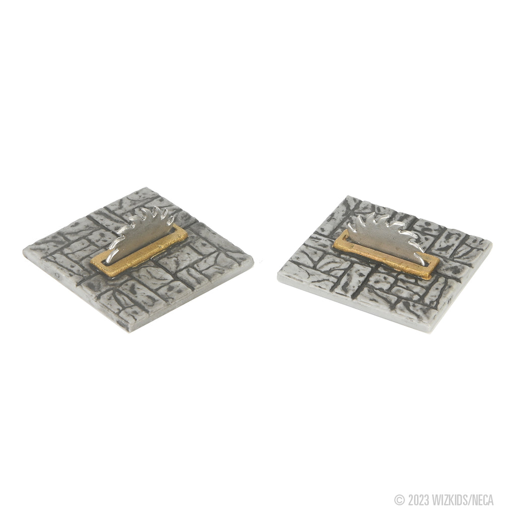 Two grey stone dungeon tiles, each with an upright silver saw blade in a gold base