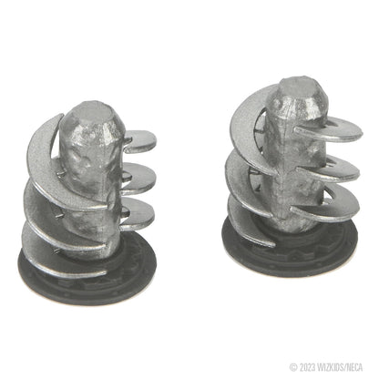 Two Grey spiral drywall anchors with black bases on a white background