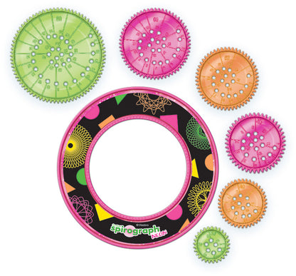 Neon Spirograph design kit with large black ring and small gear rulers in green pink and orange for creating bright patterns