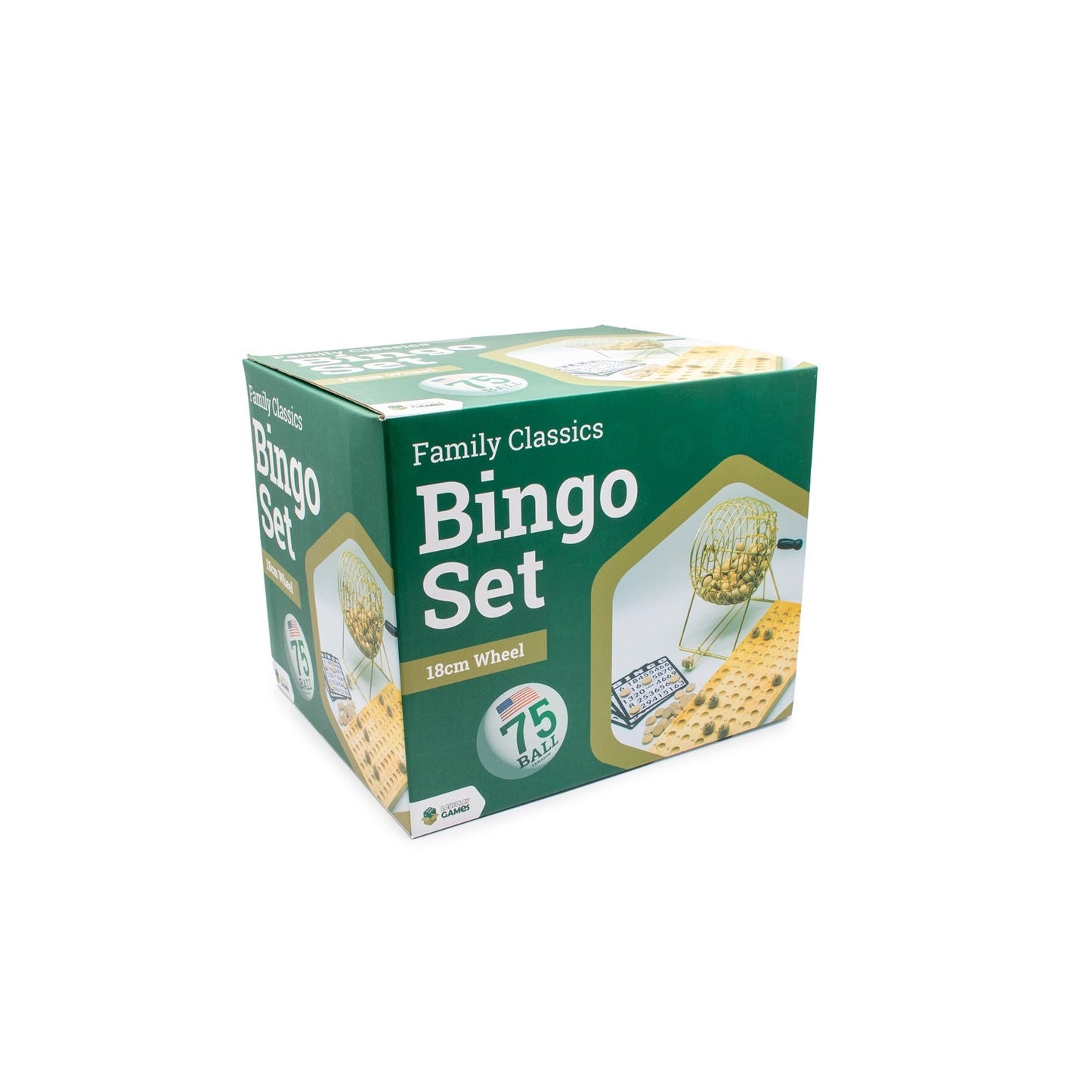 A green and white box for a Bingo set with a golden bingo cage, balls, and cards pictured on its sides