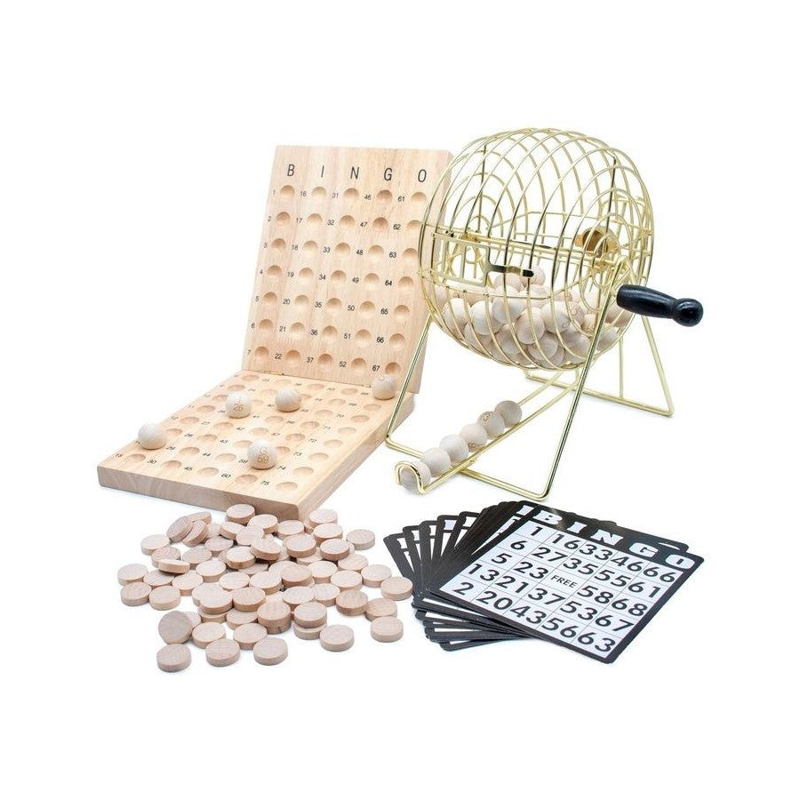 A classic bingo set featuring a wooden calling board, a gold wire cage with wooden balls, bingo cards, and wooden markers