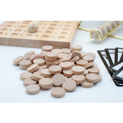 LPG Classics Bingo Set showing a wooden board, a N44 ball, wooden markers, and bingo cards