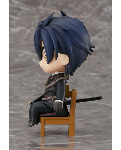 Side angle of Shokudaikiri Mitsutada figure showing face and outfit details while seated