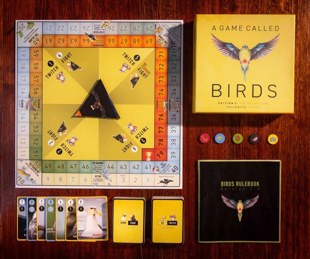 Overhead view of "Birds" board game: yellow box -  board -  bird cards -  rulebook -  and tokens on a wooden table