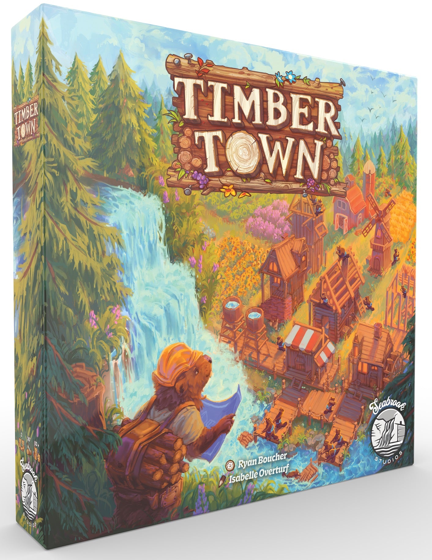 Timber Town game box art shows a beaver builder with blueprints overlooking a vibrant town with wooden houses, a waterfall, and many working beavers