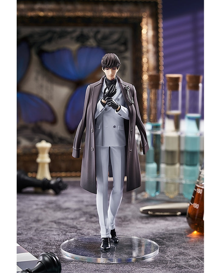 Stylish male anime figure in a gray trench coat and suit standing