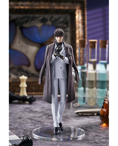 Stylish male anime figure in a gray trench coat and suit standing