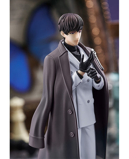 Anime figure of a character with black hair and purple eyes wearing a light gray suit black turtleneck