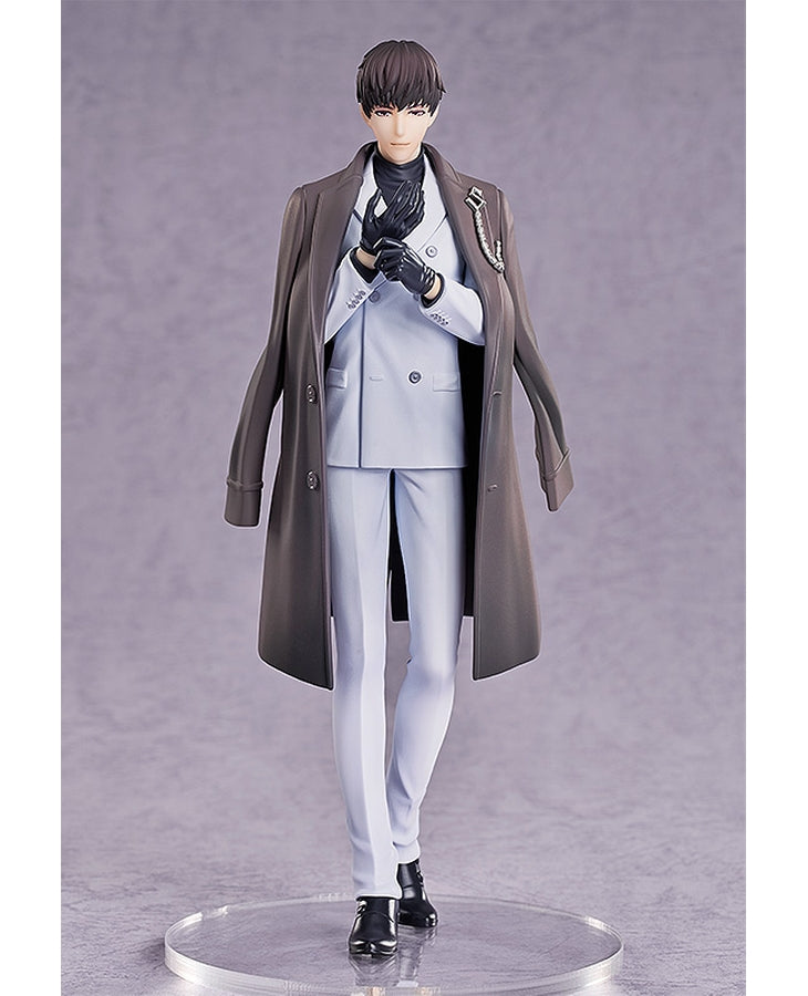 Dark brown hair anime male figure wearing a light grey suit and brown trench coat black gloves and shoes