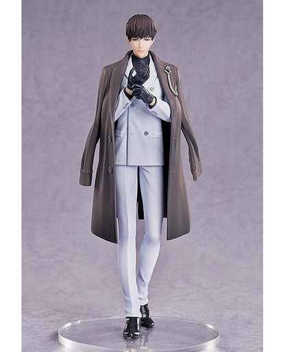 Dark brown hair anime male figure wearing a light grey suit and brown trench coat black gloves and shoes