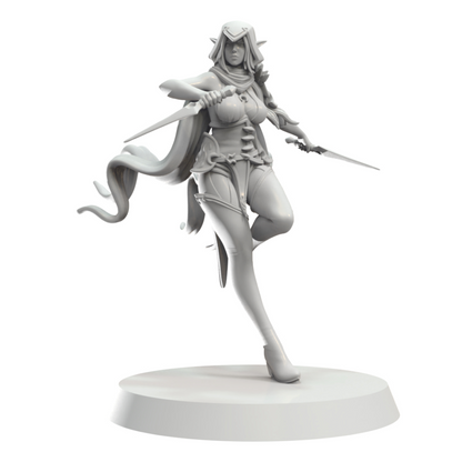 White 3D model of an elf woman dual-wielding daggers in a dynamic pose