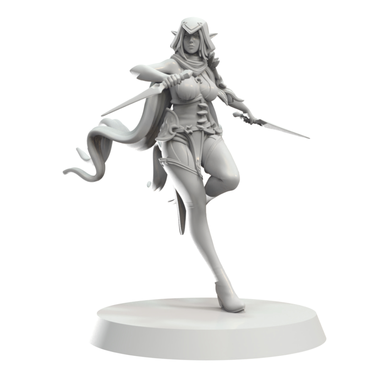 White 3D model of an elf woman dual-wielding daggers in a dynamic pose