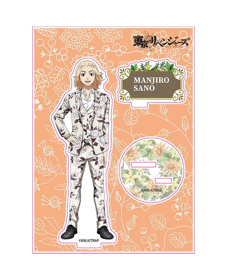 Tokyo Revengers Manjiro Sano acrylic stand figure in a floral suit on a patterned background