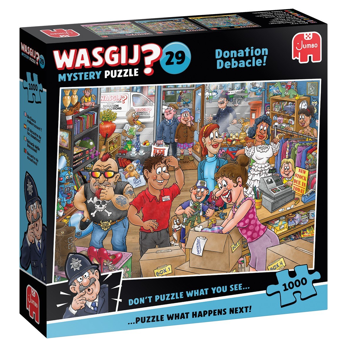 The box for the Jumbo Wasgij Mystery 29 Donation Debacle 1000-piece puzzle shows a chaotic illustration of characters donating items in a cluttered store