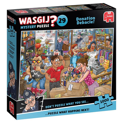 The box for the Jumbo Wasgij Mystery 29 Donation Debacle 1000-piece puzzle shows a chaotic illustration of characters donating items in a cluttered store