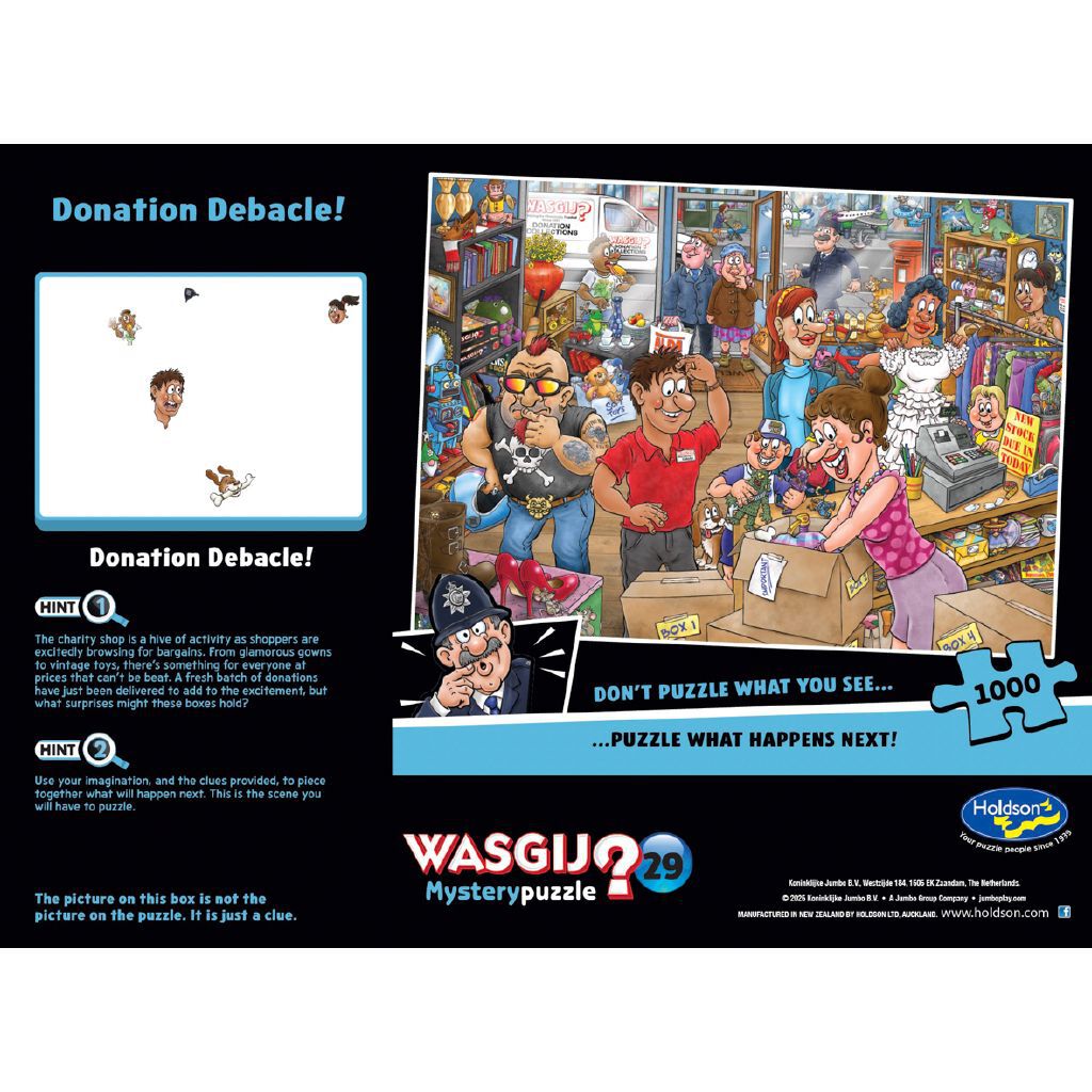 Wasgij Mystery Puzzle 29 Donation Debacle 1000 piece box showing the cartoon clue illustration of a chaotic charity shop full of customers eagerly browsing donations